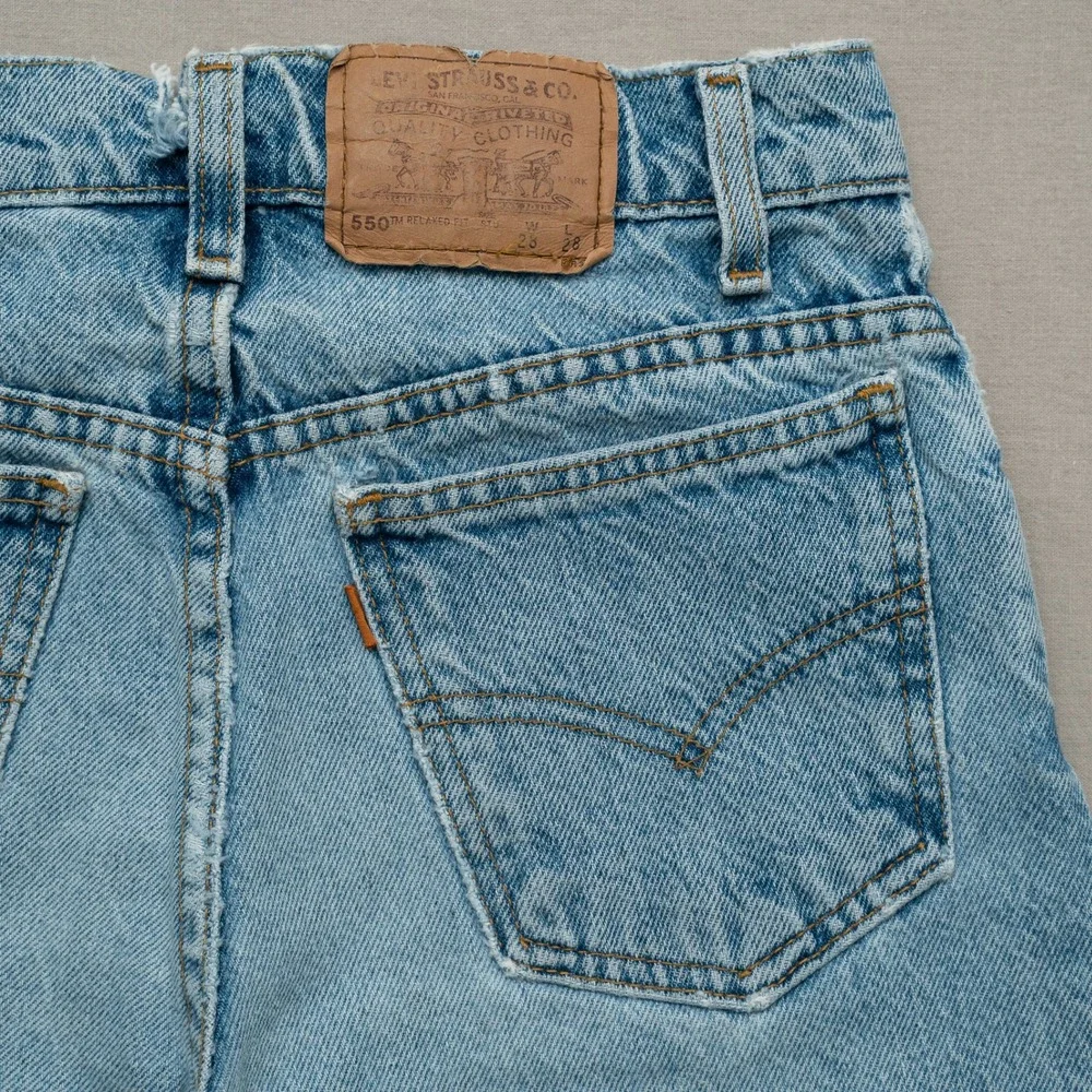 Vintage Levis Orange Tab 550 Student Cut Off Denim Shorts Jorts Raw Hem 27x12